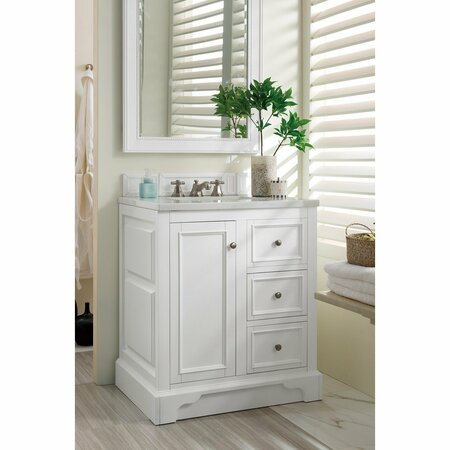 James Martin Vanities De Soto 30in Single Vanity, Bright White w/ 3 CM Arctic Fall Solid Surface Top 825-V30-BW-3AF